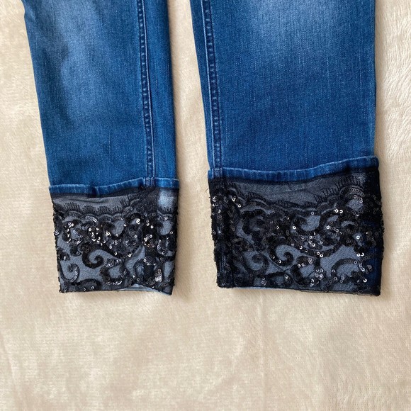 Chico's So Slimming 00 Black Sequin Lace Cuff Ankle Denim Blue Jeans Mint! - Picture 10 of 12